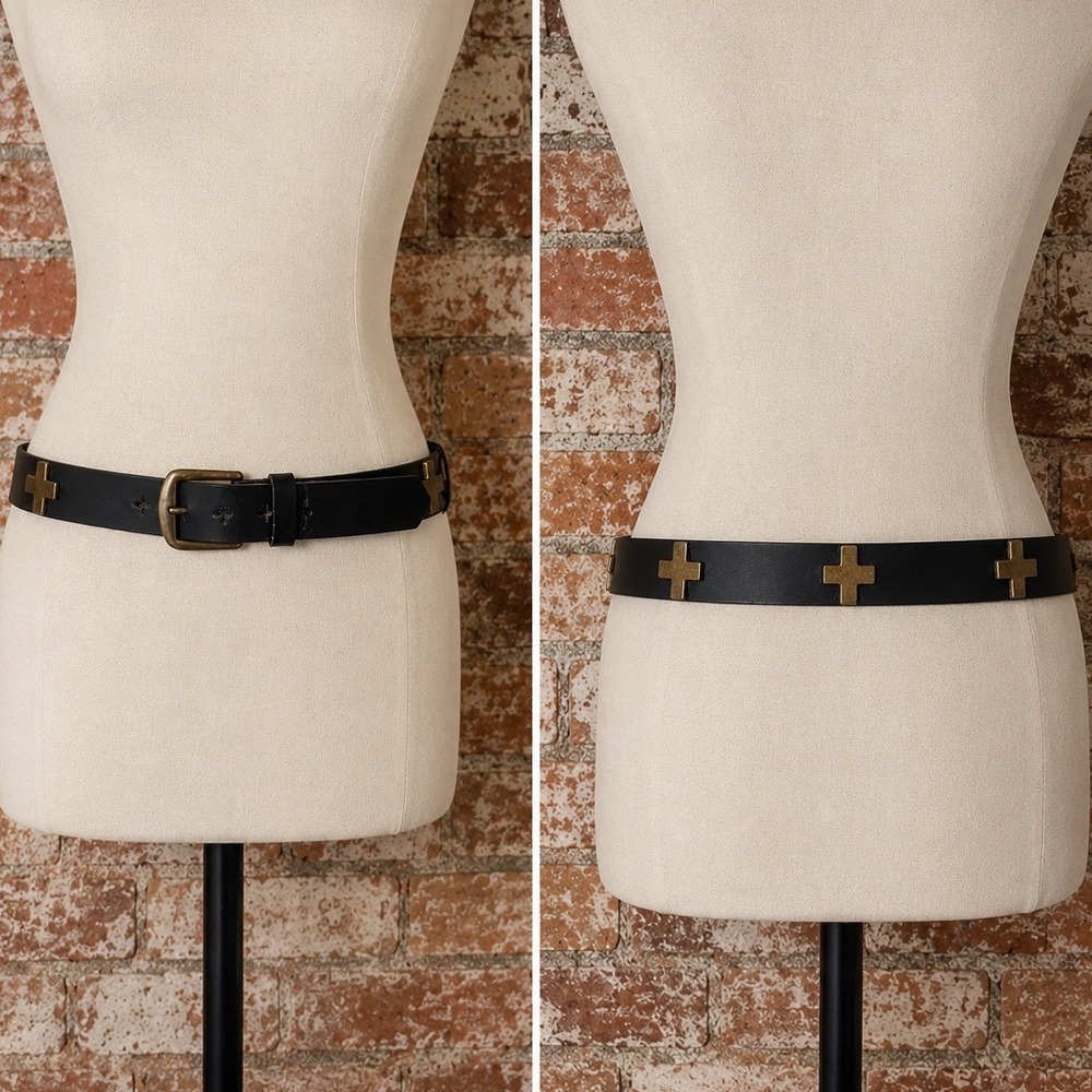 Vintage Y2K Black Bonded Leather Cross Studded Belt M Indie Sleaze Grunge 2000s